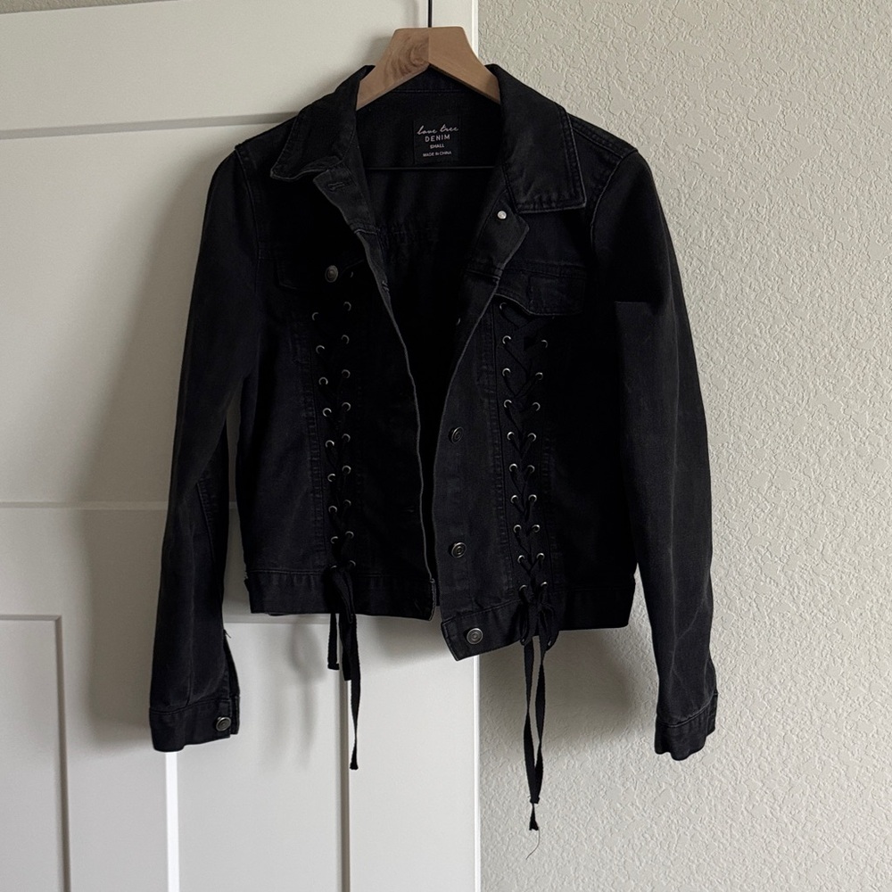 Love Tree Black Denim Jacket with Lace-Up Detail